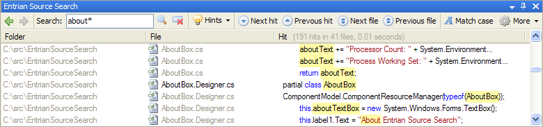 Screenshot of Entrian Source Search